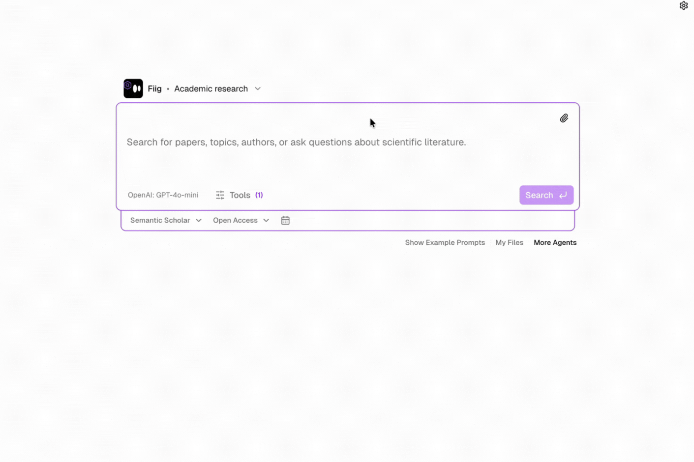 Fiig academic search results and query interface